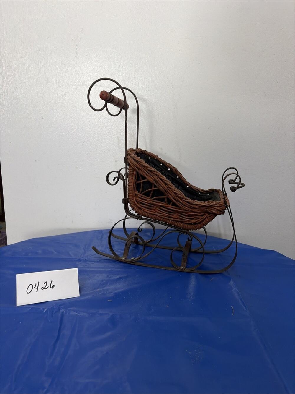 Vintage Victorian Christmas Sleigh Wood Wicker Wrought Iron 12"x10"x4"